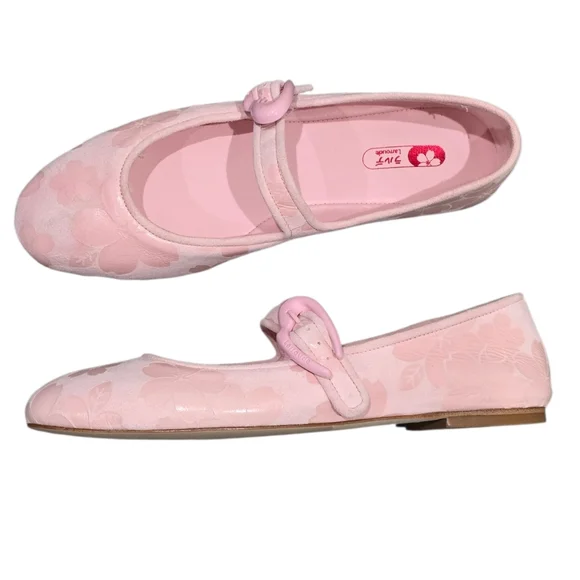 Larroudé Verona Mary Jane Ballet Flats - Sakura Pink Floral Jacquard 8 New - Picture 1 of 12